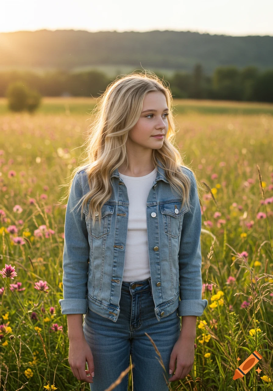 A blonde teen girl in a denim jacket stands in a sunlit field with wildflowers.