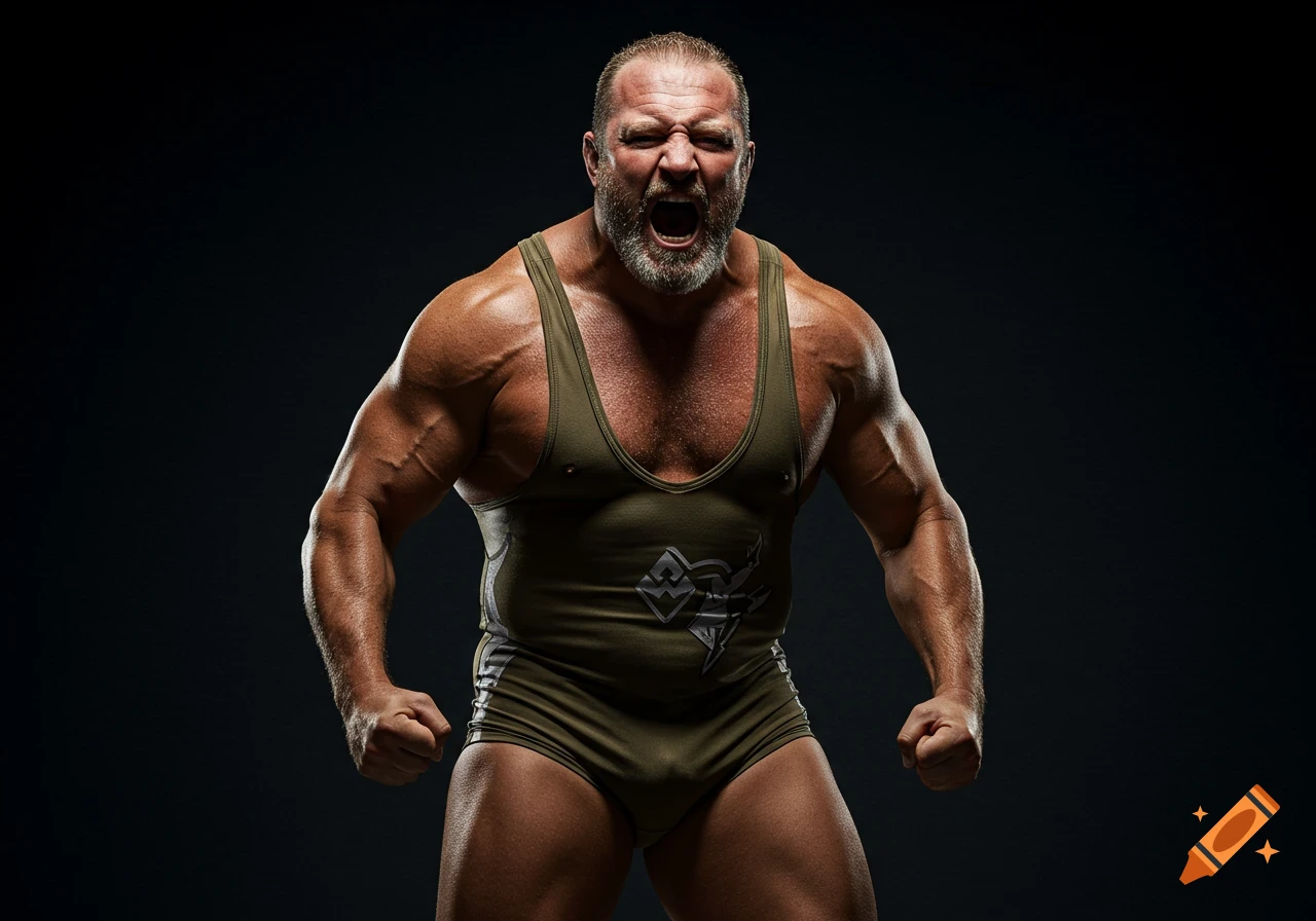 A strong, muscular wrestler in a green singlet yells fiercely while posing against a dark background.