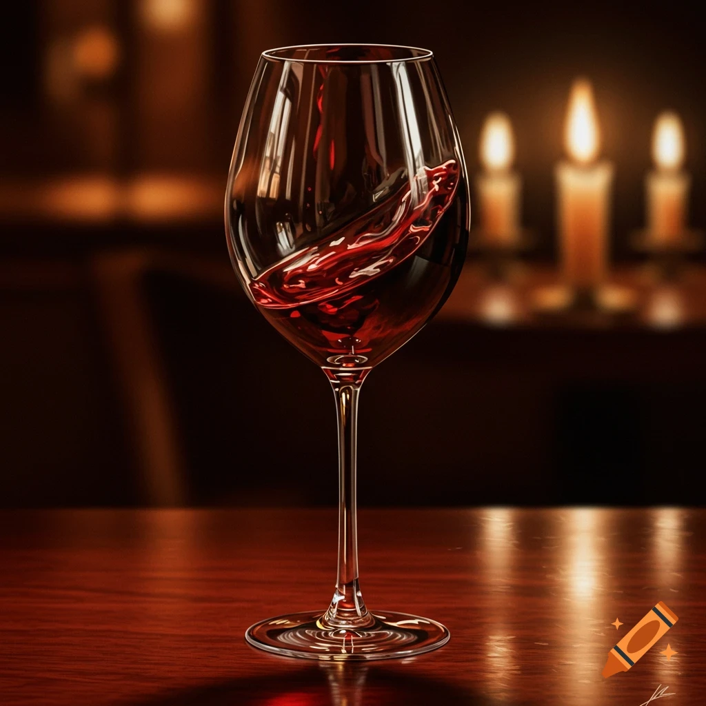 Photorealistic image of a wine glass with swirling red wine on a polished wooden table, illuminated by blurred candlelight.