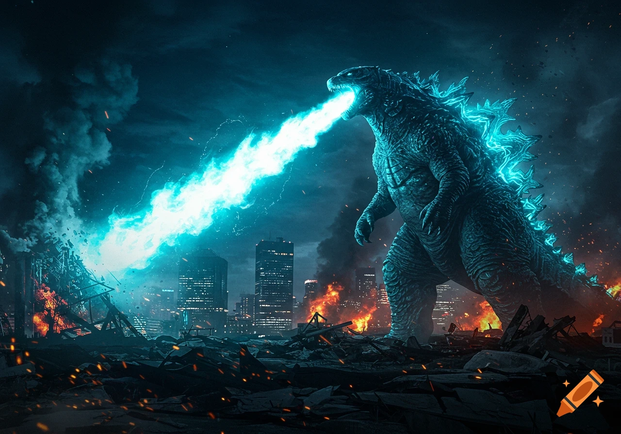 Godzilla, glowing blue, firing atomic breath at a destroyed city skyline, with fires and smoke.