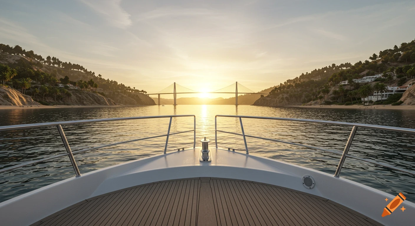 Photorealistic view from a yacht's deck at sunset, showing a bay, coastal cliffs, sandy beaches, and a suspension bridge.