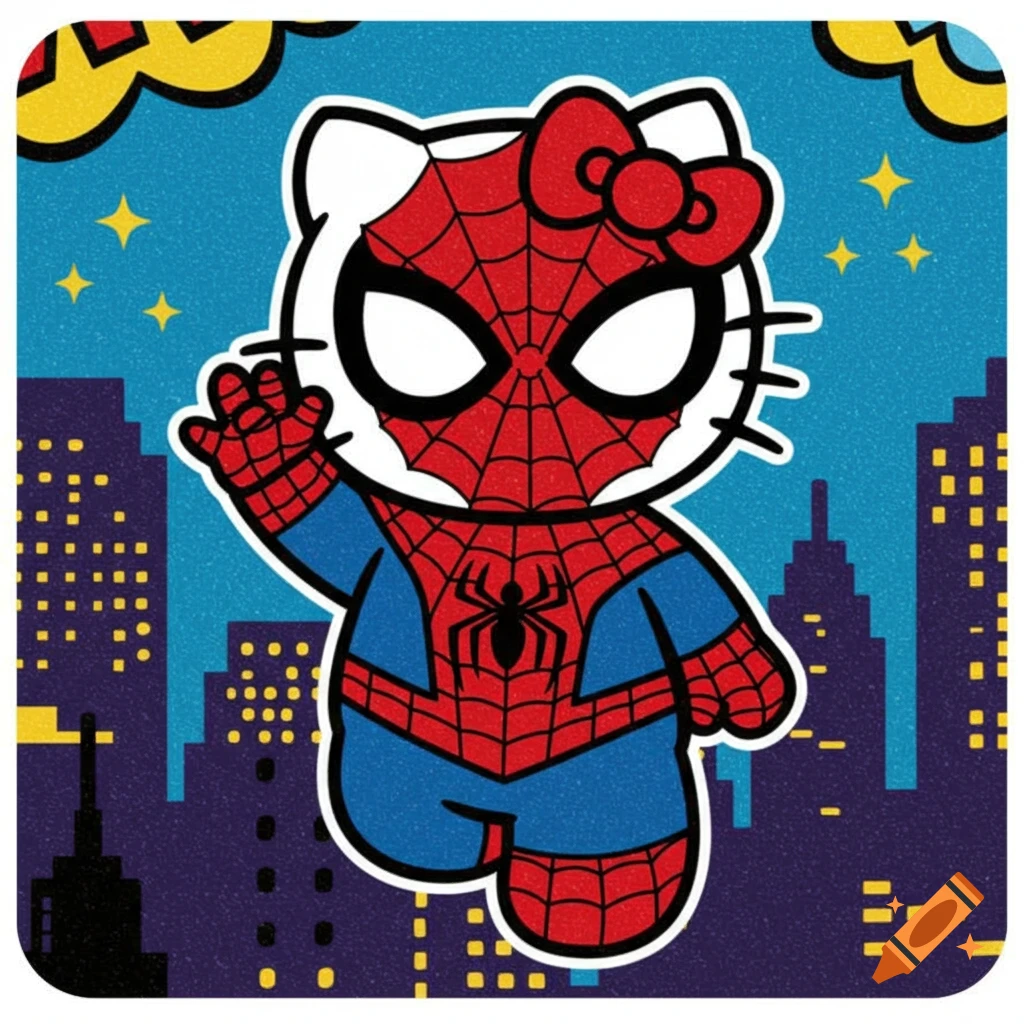 A cartoon sticker of Hello Kitty dressed as Spider-Man, waving, against a city skyline with stars.