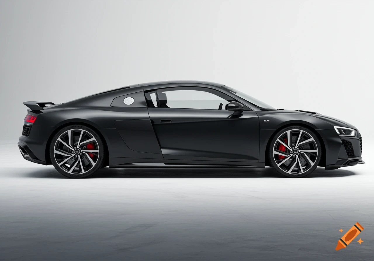 A photorealistic side profile of a black Audi R8 sports car with a modified engine cover, red brake calipers, on a white studio background.