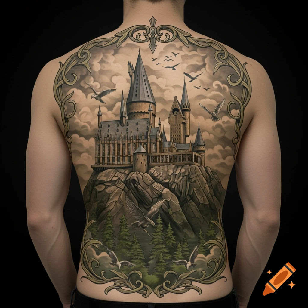Detailed Hogwarts castle tattoo covering a person's back, framed by ornate gold scrollwork, against a dark background.