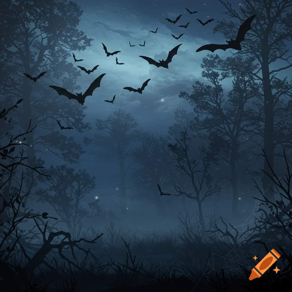 A dark, moody forest at night with silhouetted trees and many bats flying in the misty, moonlit sky.