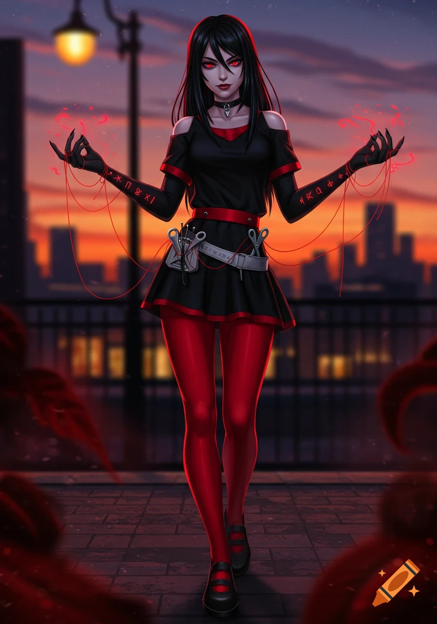 An anime woman with black hair, red eyes, and a black and red outfit, manipulating red threads, standing on a city rooftop at sunset.