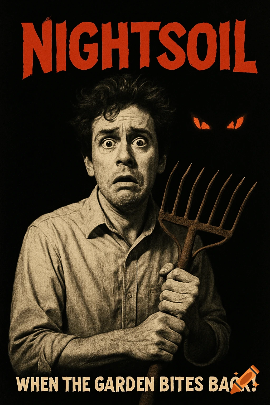Vintage horror movie poster of a scared man holding a rake, with glowing red eyes in the dark background.