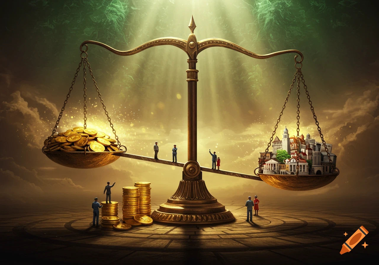 A golden scale balances a pile of gold coins and a miniature city, with small figures standing on and around it, under a dramatic, sun-drenched sky.