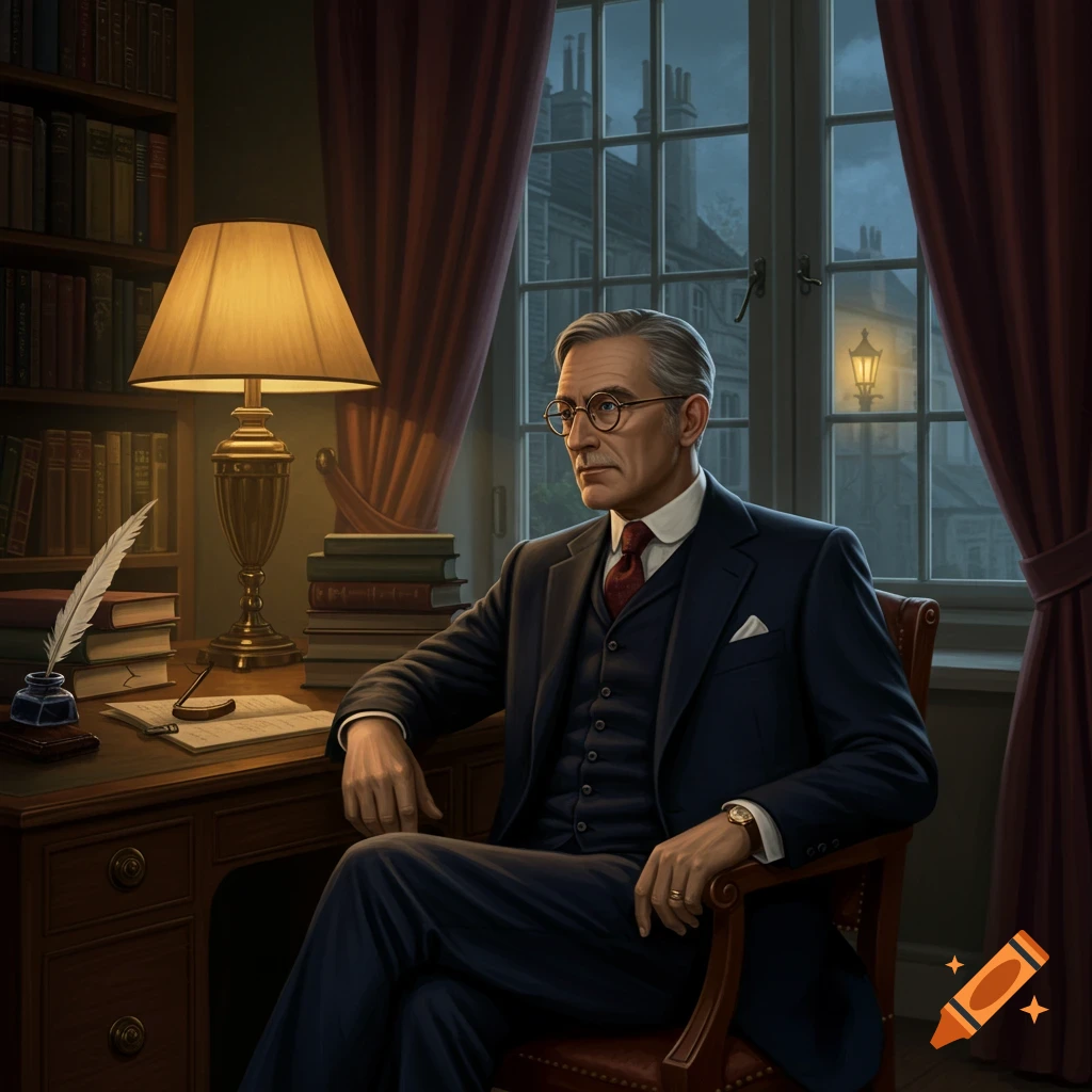 A distinguished man in a suit and glasses sits at a desk in a lamp-lit study, looking out a window at night.