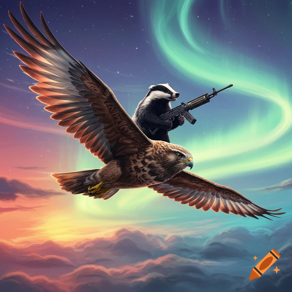 A badger with a machine gun rides a hawk soaring through a vibrant, aurora-lit sky.