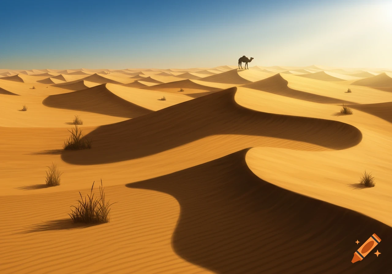 A vast desert landscape with numerous undulating sand dunes under a clear blue sky, with a lone camel silhouetted atop a distant dune.