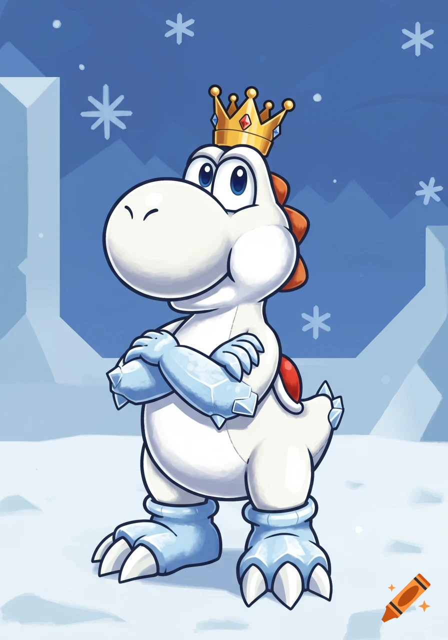 A white Yoshi character with ice claws on its hands and feet, wearing a golden crown, stands with folded arms in a snowy landscape.