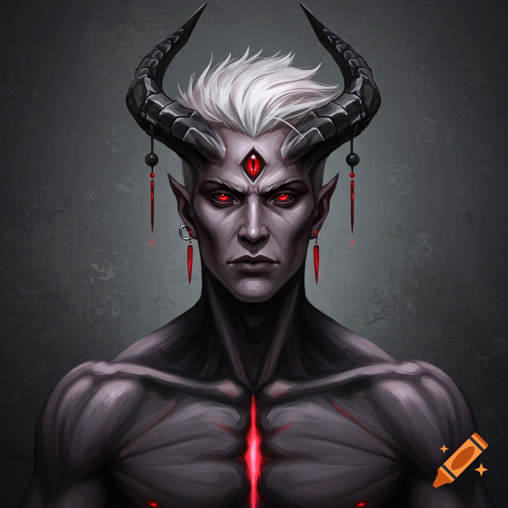 A fantasy portrait of a pale-skinned male demon with red eyes, a third eye, horns, and glowing red lines on his dark chest.
