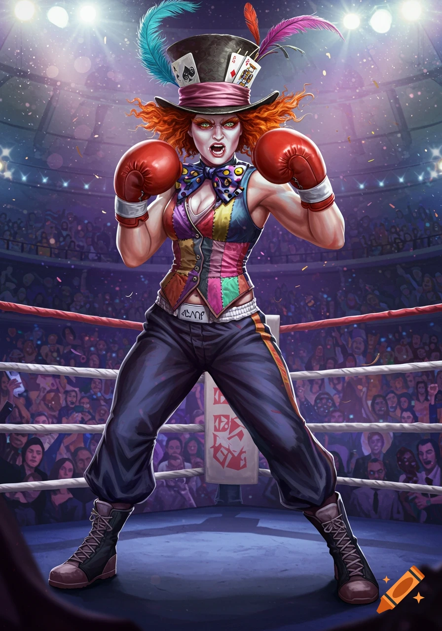 An angry female Mad Hatter boxer glares at the viewer, wearing a colorful patchwork vest, dark pants, and red boxing gloves in a brightly lit boxing ring.