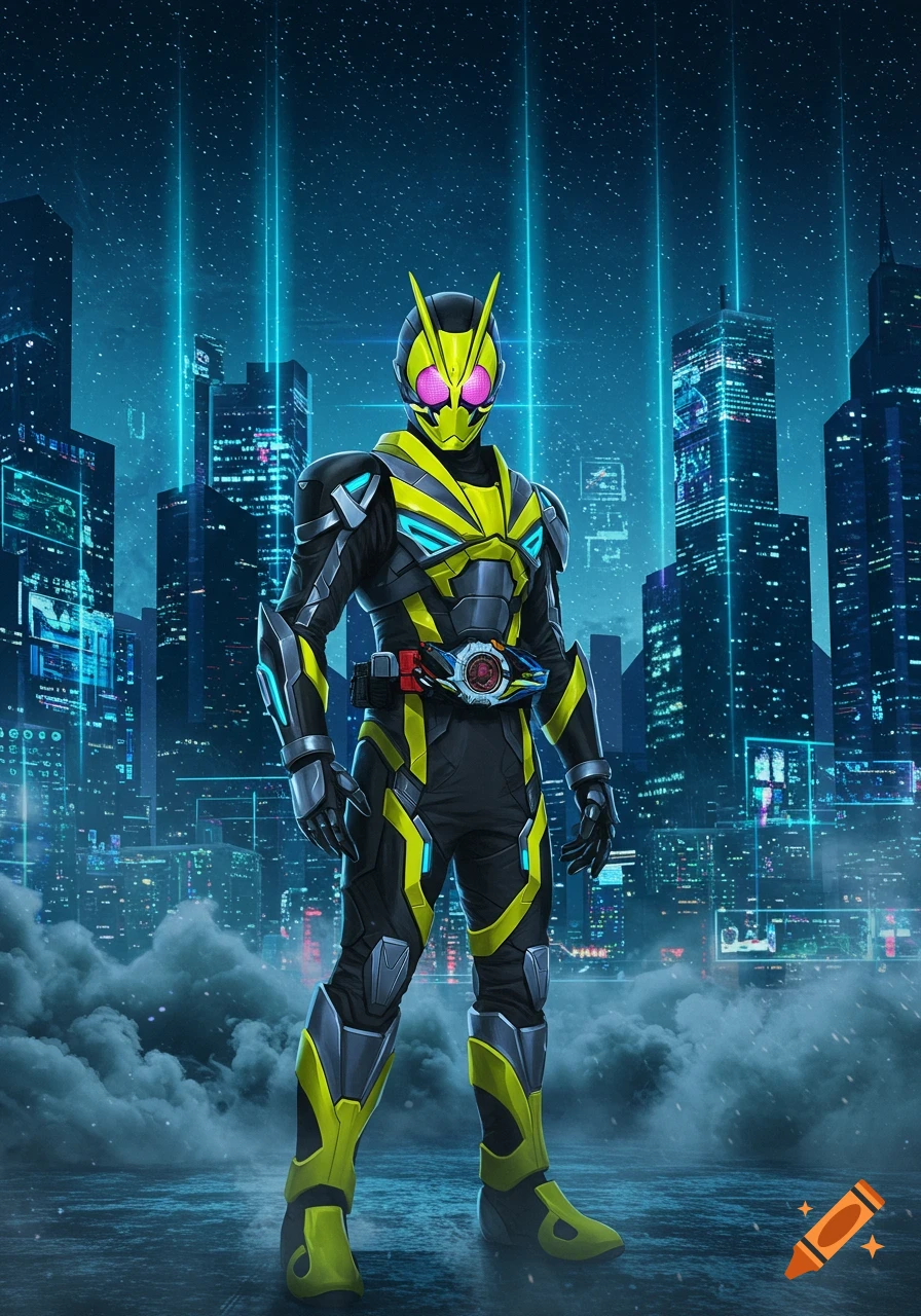 Kamen Rider Zero-One in his black and yellow suit stands in a vibrant, neon-lit futuristic city at night. Digital art style.