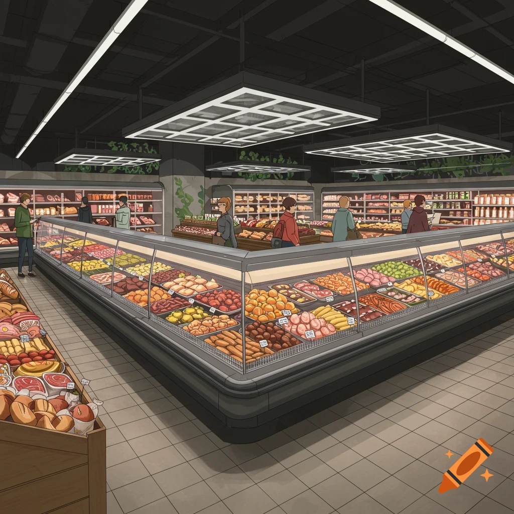 An illustrative view inside a supermarket aisle, with several shoppers browsing large display cases filled with various types of food and produce.