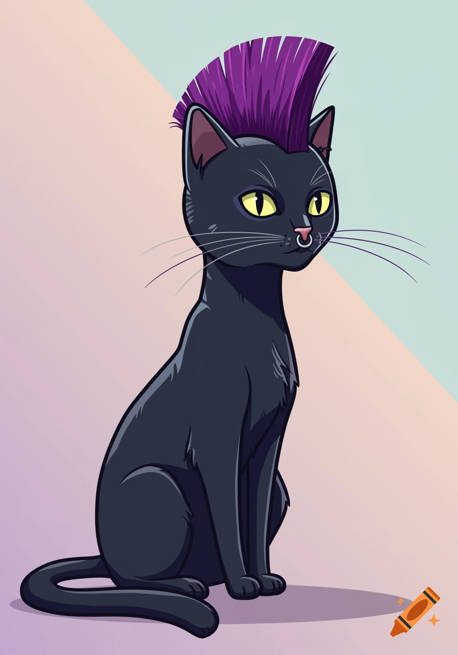 A black cat with a purple mohawk and nose ring in a modern flat cartoon style.