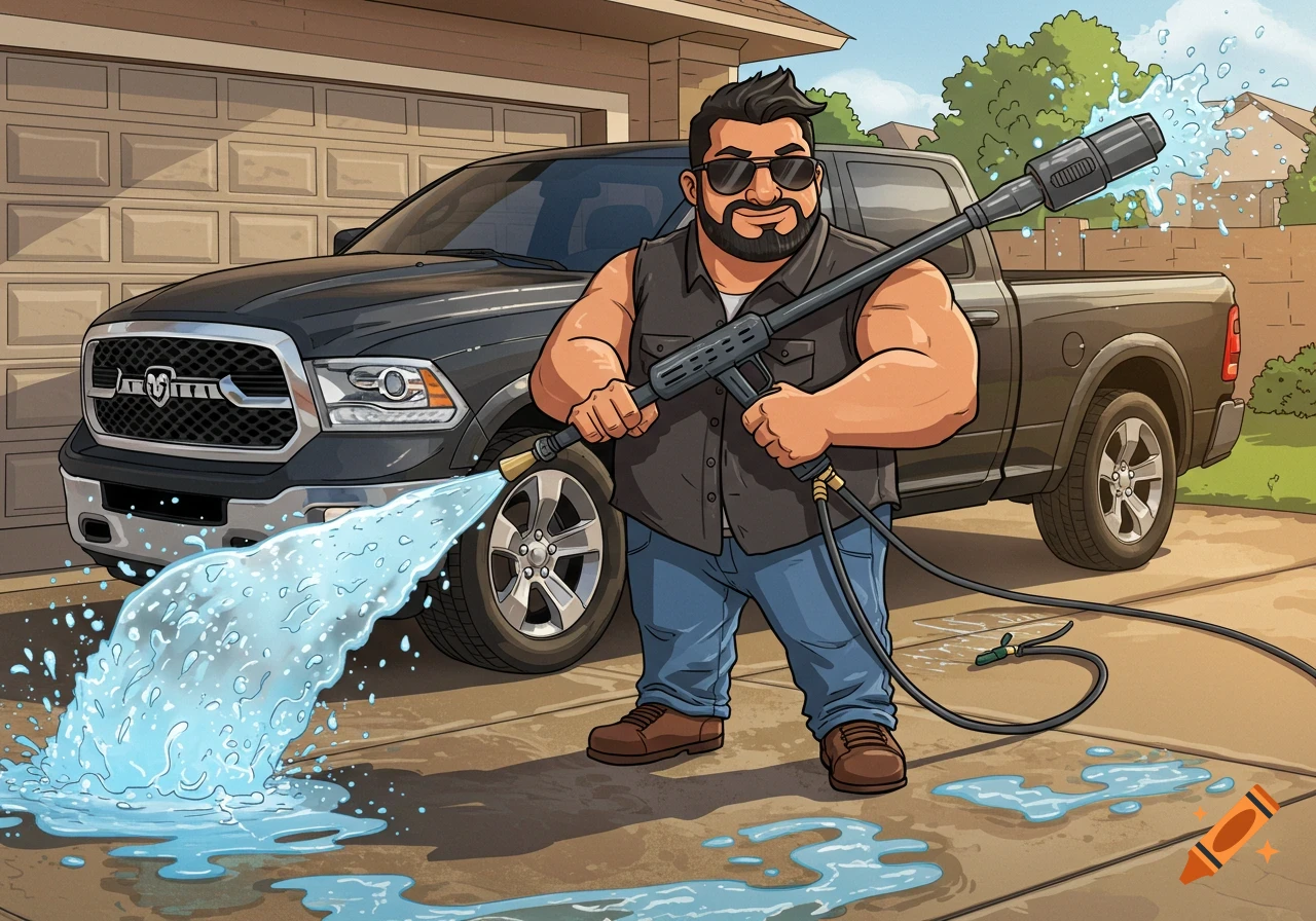 A cartoon man in sunglasses and a sleeveless shirt washes a black Ram 1500 pickup truck with a power washer in a driveway.