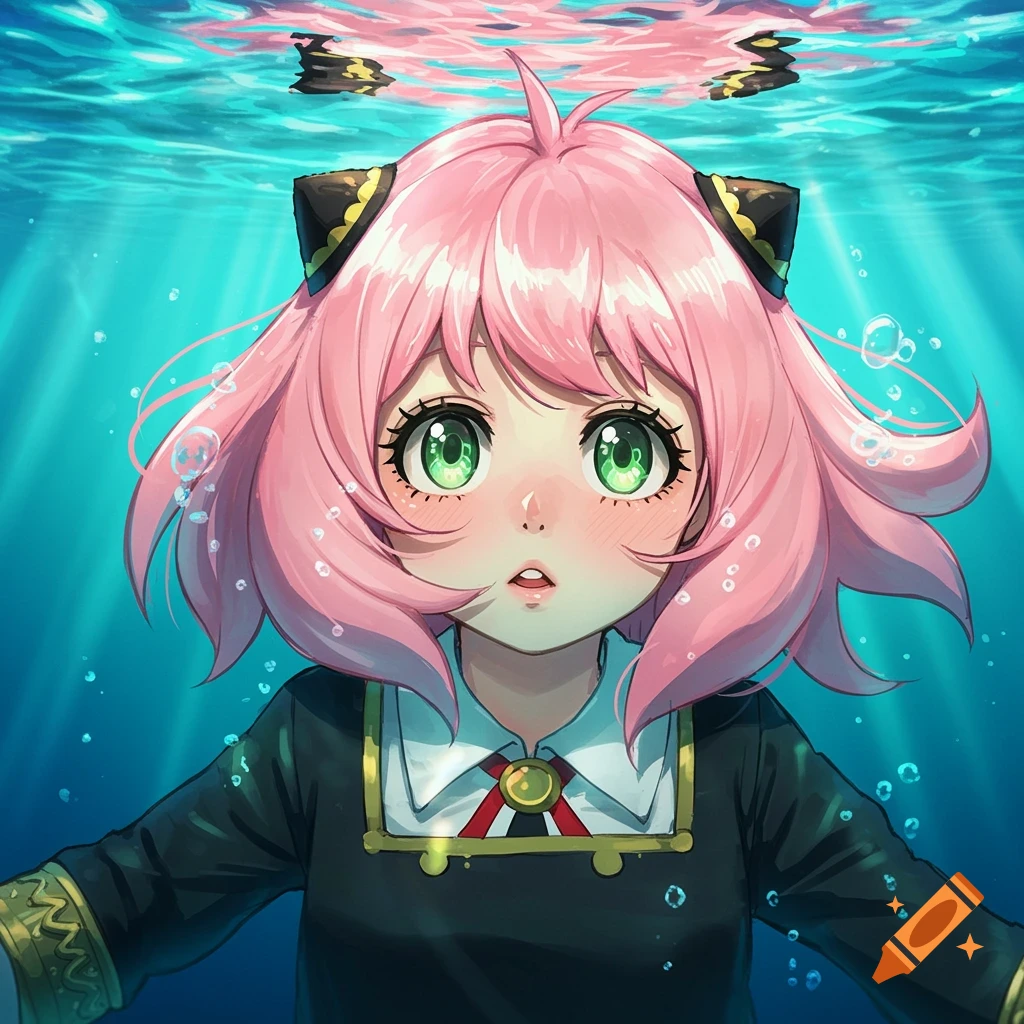 Anime girl Anya Forger with pink hair and green eyes floats in a blue pool underwater, with light rays from above.