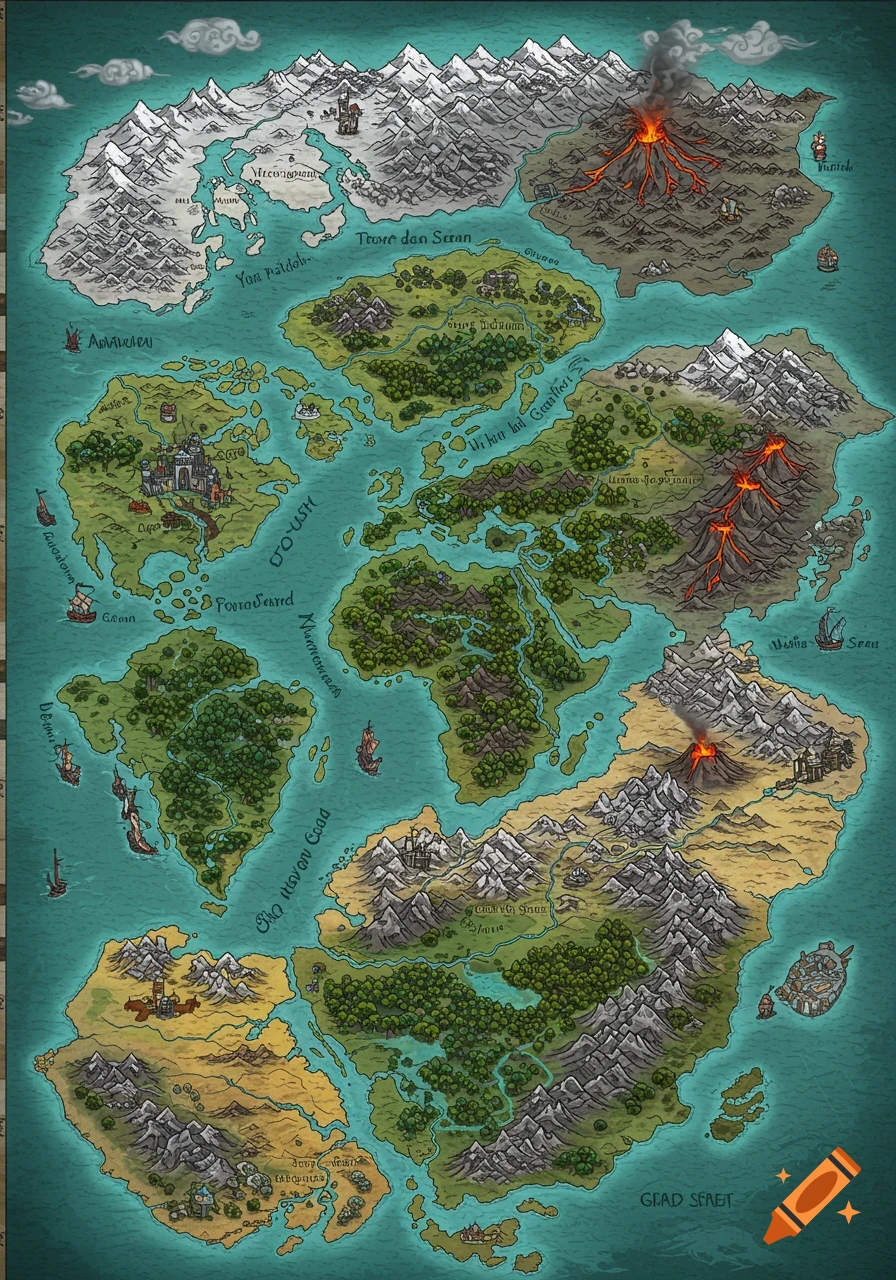 A detailed, top-down fantasy world map featuring multiple continents, mountains, forests, rivers, deserts, and erupting volcanoes.