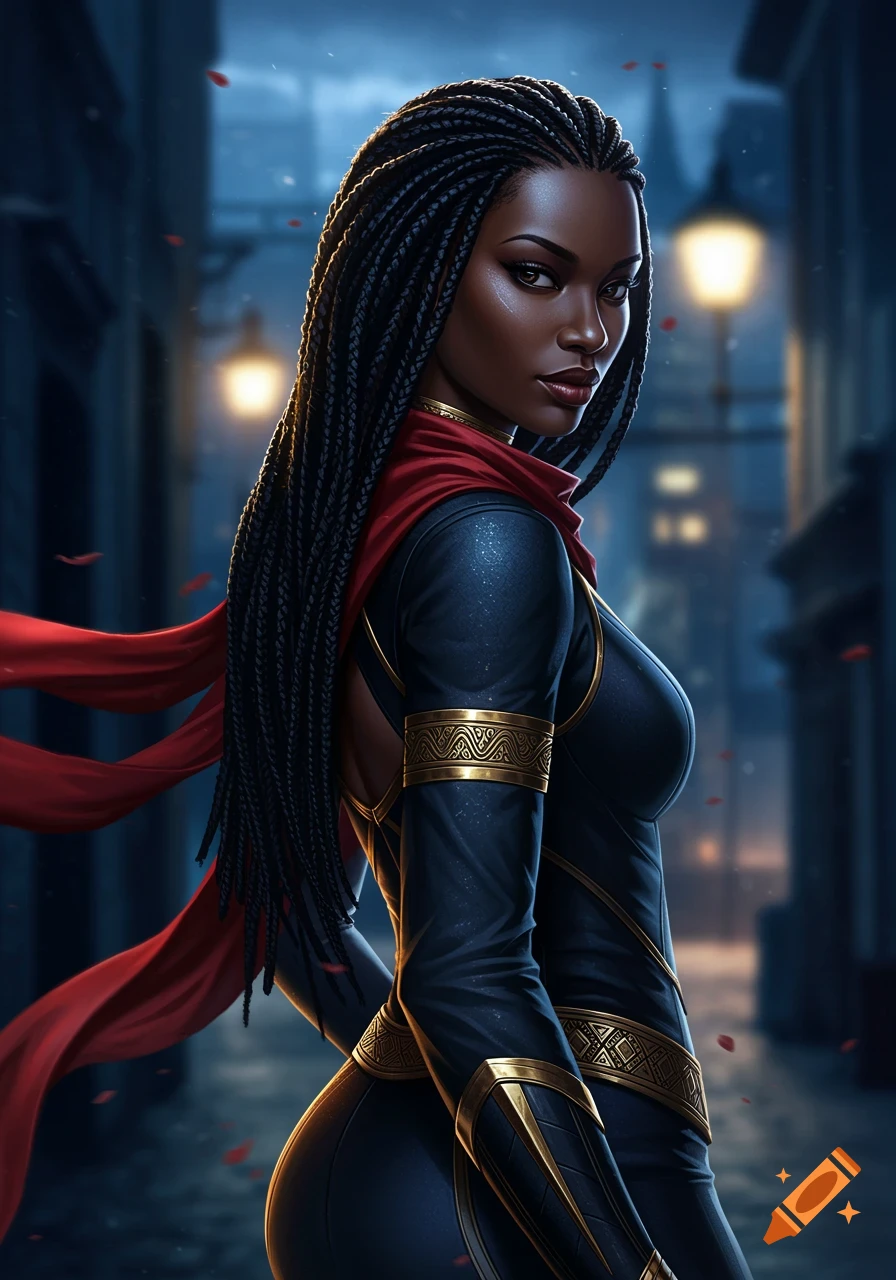 A striking woman with long black braids, wearing a dark suit with gold accents and a red cape, stands in a dimly lit alley.