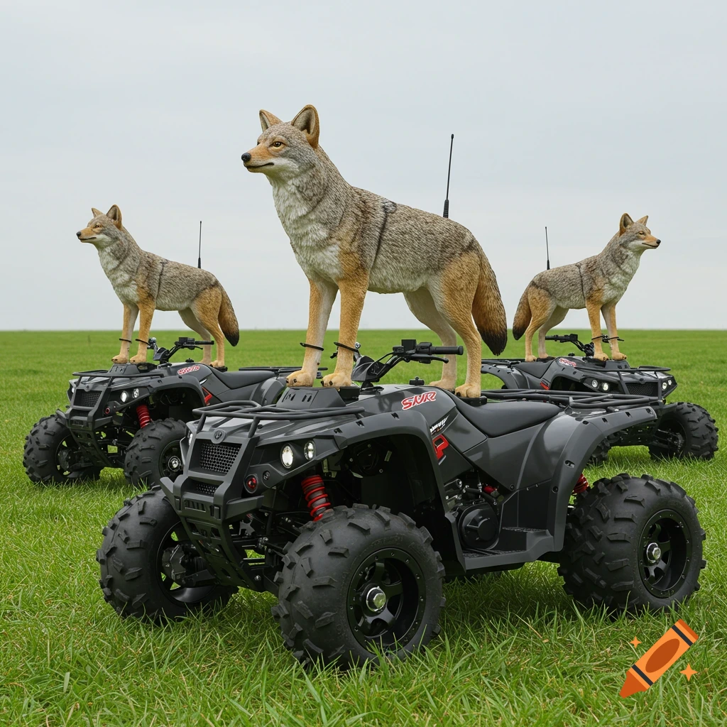 Three realistic coyote decoys stand on black all-terrain vehicles in a grassy field under an overcast sky.
