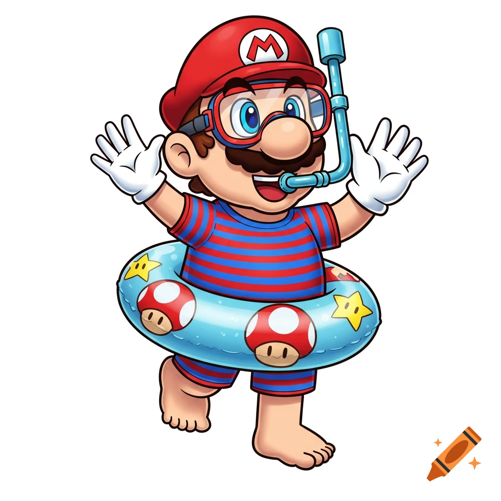 Cartoon Super Mario in a red hat, goggles, snorkel, striped swimwear, and inner tube, waving with a smile on a white background.