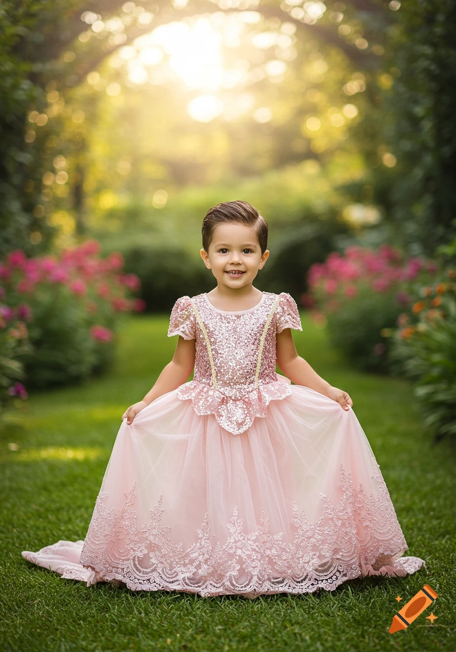 A young boy in a sparkling pink princess dress stands smiling in a sunlit garden.