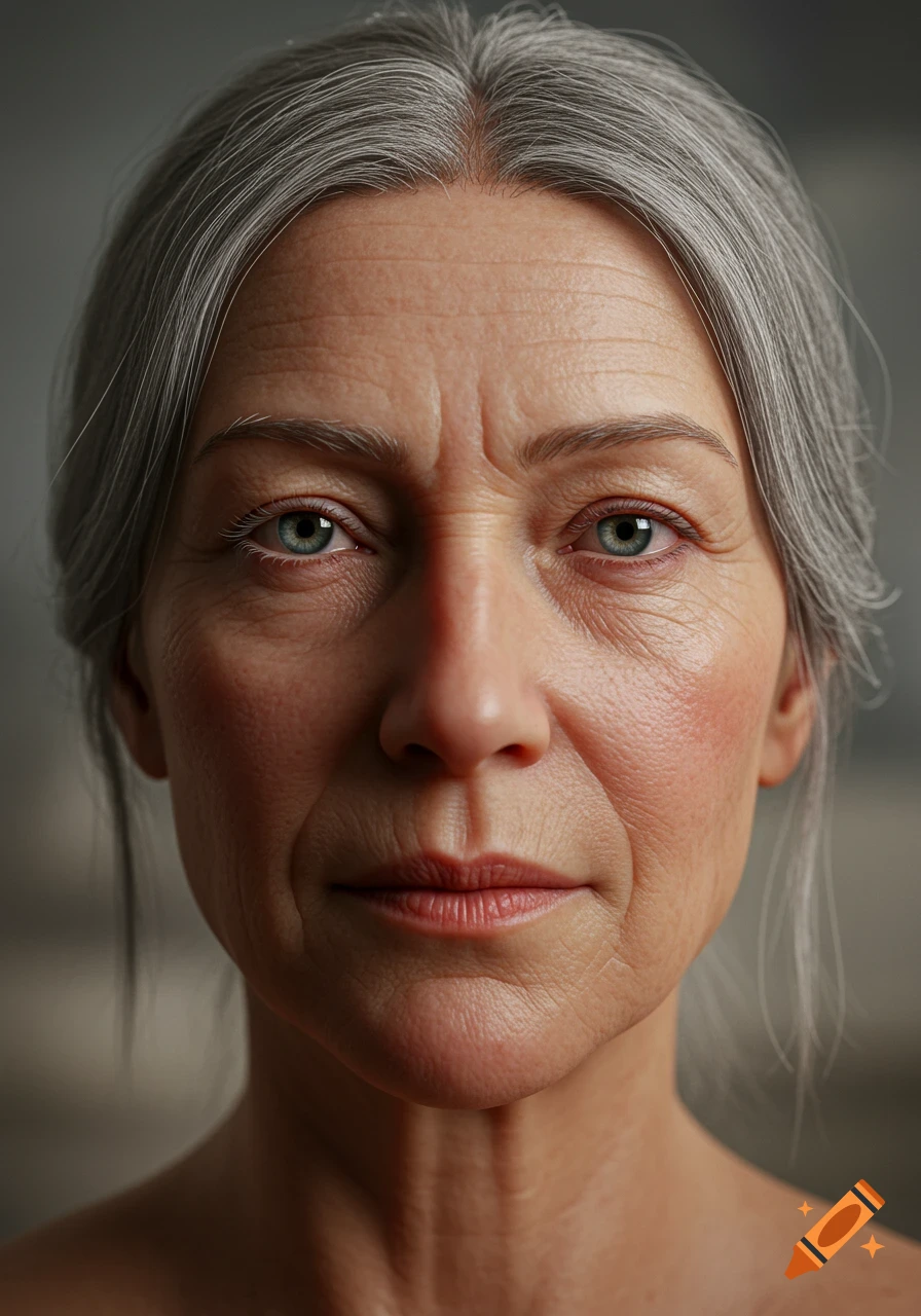 Close-up photorealistic portrait of an older woman with grey hair and blue eyes, showing detailed facial wrinkles.