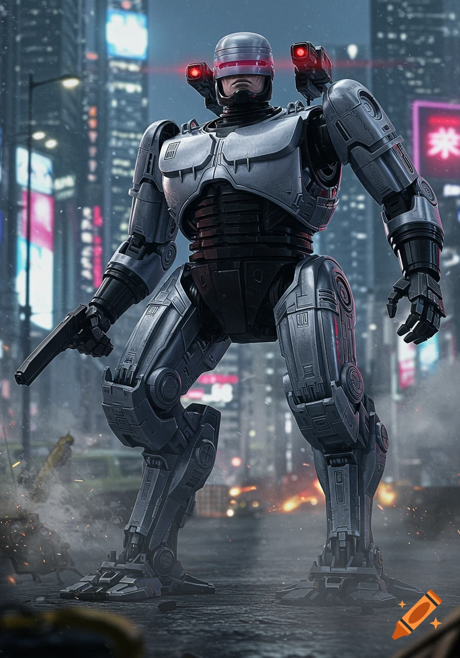 Robocop holding a pistol in a dark, futuristic cityscape with neon signs and smoke, rendered in a photorealistic style.