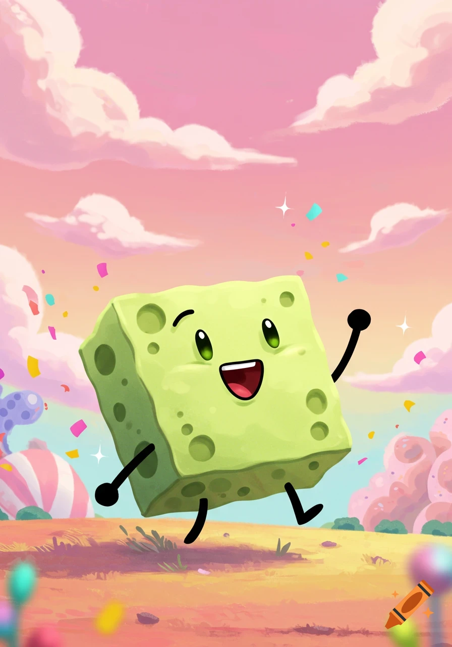 A happy, green, sponge-like cartoon character jumps with raised arms and confetti, in a vibrant, whimsical landscape with pink clouds.