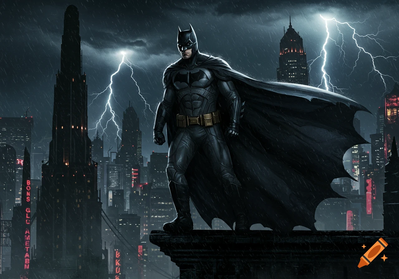 A realistic drawing depicts Batman standing on a dark, rainy city rooftop with lightning illuminating the tall buildings behind him.