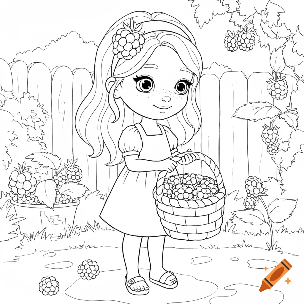 Black and white coloring page of a cute girl with a basket of berries in a backyard.