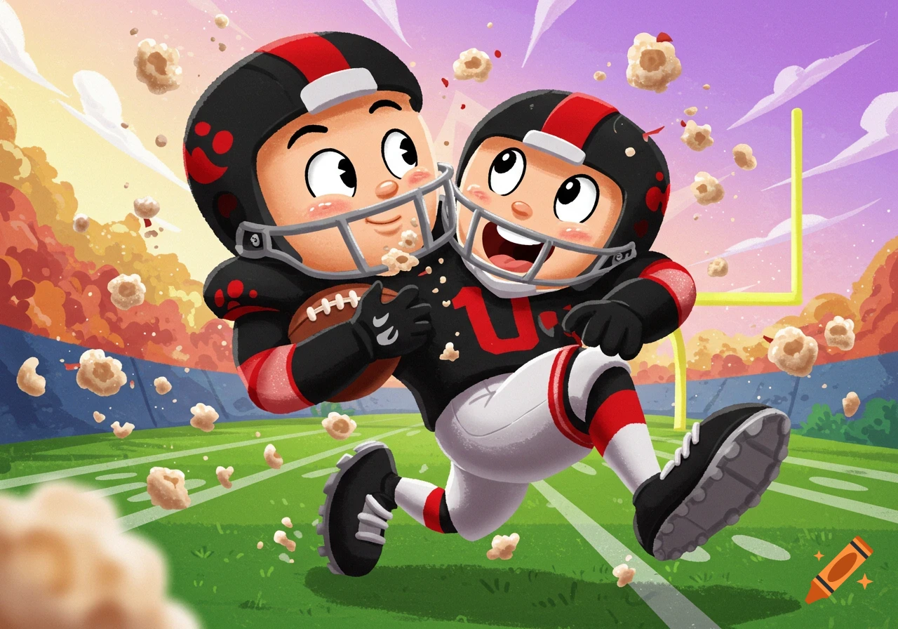 Two vibrant cartoon football players in black and red uniforms, one carrying a football and the other tackling, on a field with popcorn flying.
