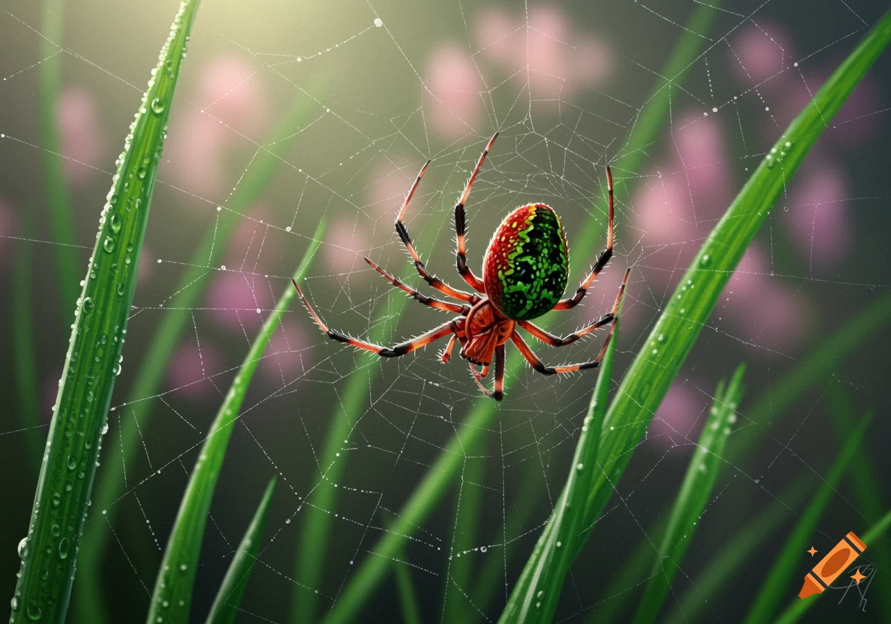 A vibrant red and green spider sits on its dew-covered web between blades of grass with a blurred floral background.