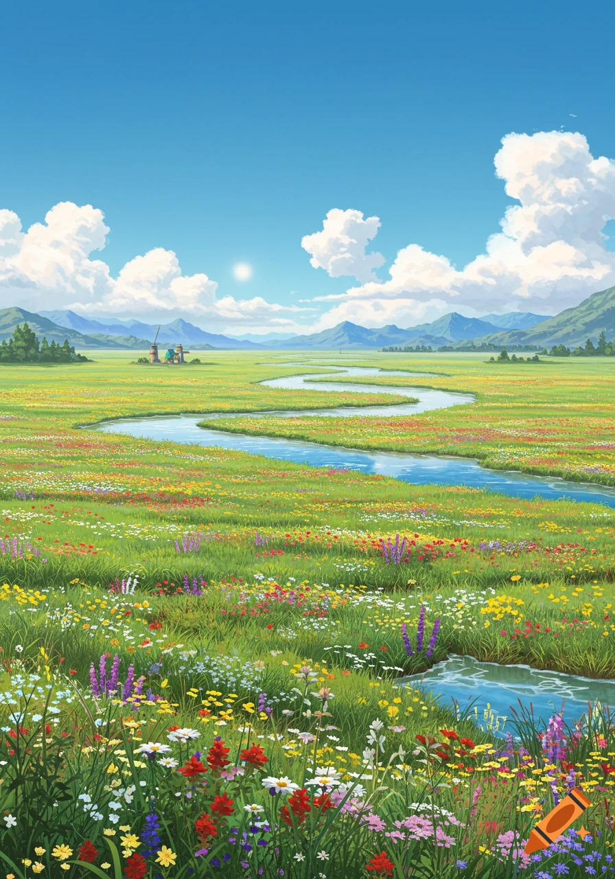 A vibrant, colorful landscape with a winding river through a field of wildflowers, under a blue sky with fluffy clouds and distant mountains.