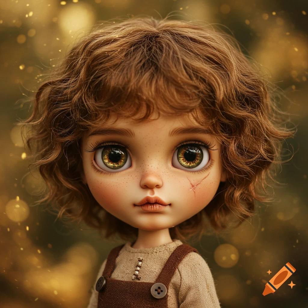 A close-up portrait of a Blythe doll boy with curly brown hair, hazel eyes, a tiny scar, and wearing brown overalls, against a bokeh background.