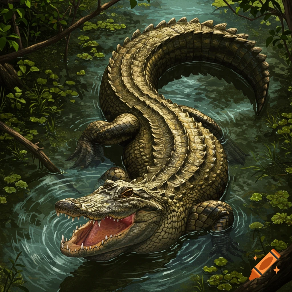 Top-down view of a large alligator with its mouth open, submerged in swamp water with green foliage.