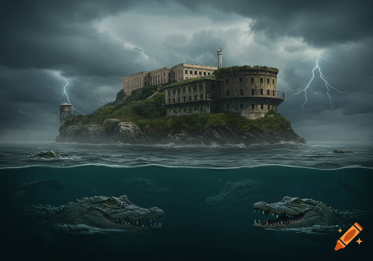Alcatraz prison on a rocky island under a dark, stormy sky with lightning, and alligators visible above and below the water.