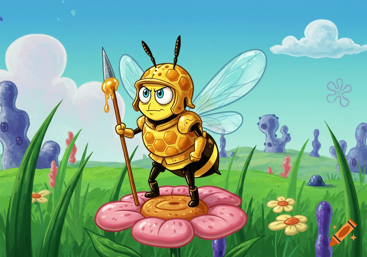 A cartoon bee soldier with a honeycomb helmet and armor stands on a pink flower, holding a spear with honey dripping from it, in a bright, grassy landscape with purple rock formations in the background, in the style of SpongeBob.
