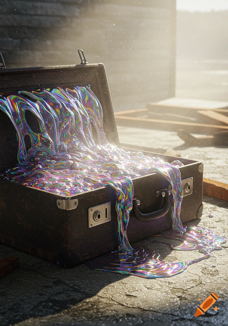 An open brown suitcase overflowing with vibrant, iridescent, multi-colored liquid onto a concrete ground bathed in sunlight.