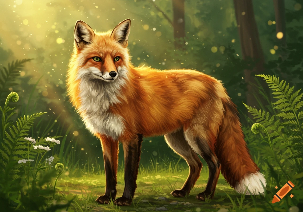 A red fox with green eyes stands in a sunny, green forest, depicted in a detailed digital painting style.