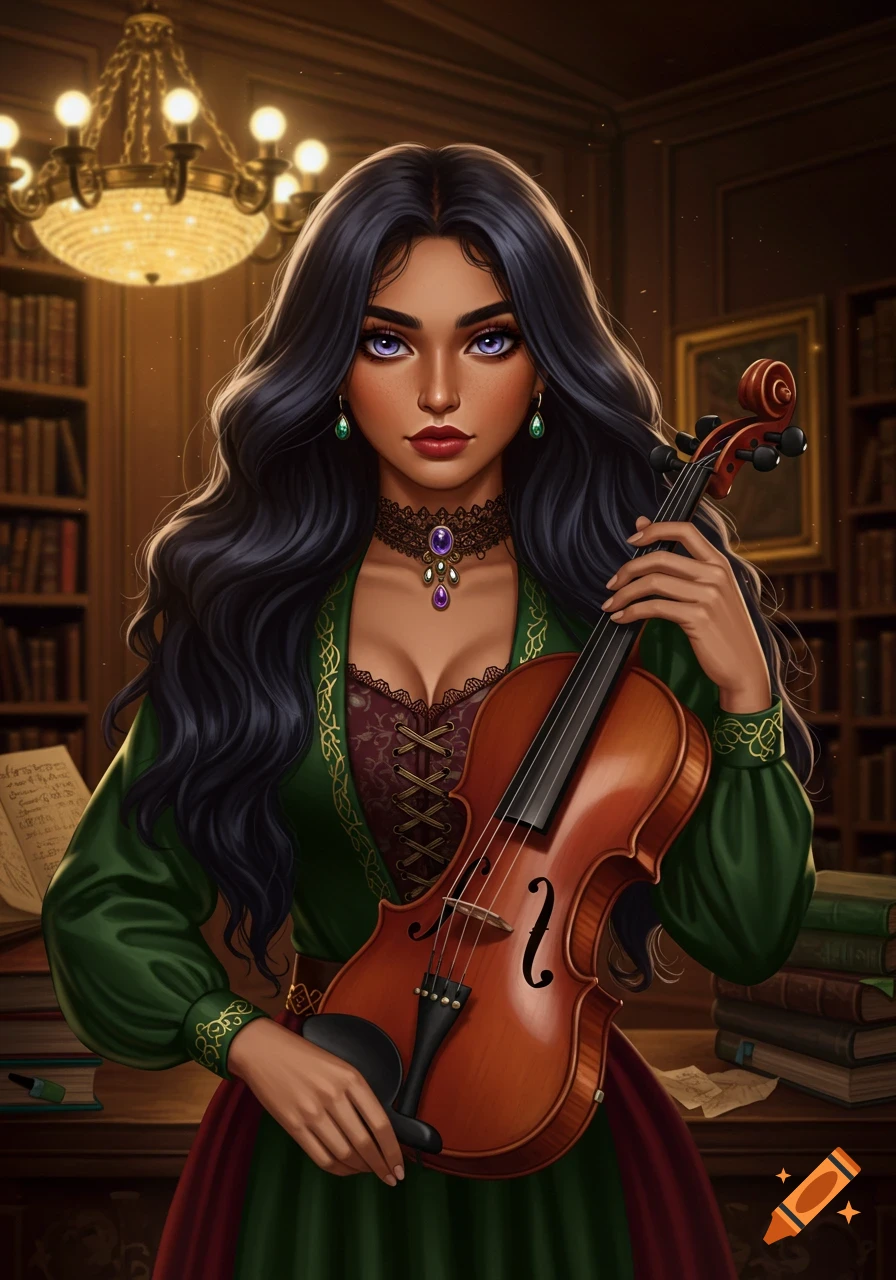 A stylized portrait of a woman with long dark hair and violet eyes, holding a violin in a dark academia library setting.