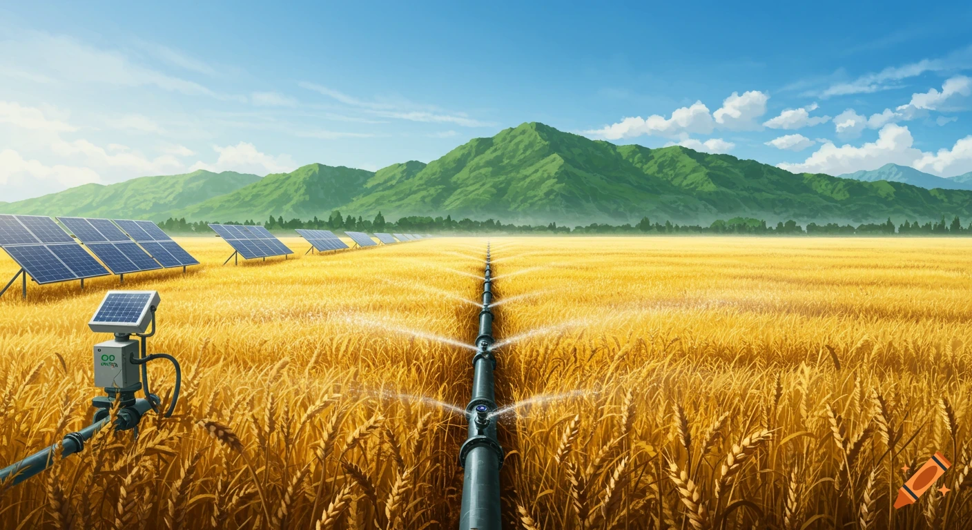 A vast golden wheat field under a blue sky, with a long irrigation pipe running through the center. Solar panels are visible on the left side, with a small solar-powered pump in the foreground.