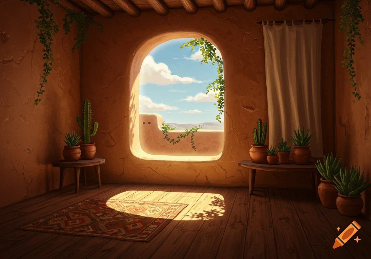 An arched window in an adobe room with potted plants and a colorful rug, offering a sunny view of a desert landscape.