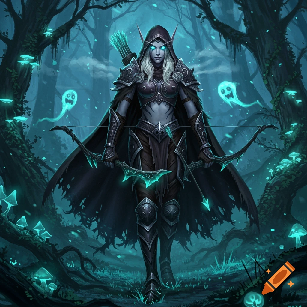A female elf archer in dark armor with glowing eyes and a bow stands in a dark, mystical forest with glowing blue mushrooms and spirits.