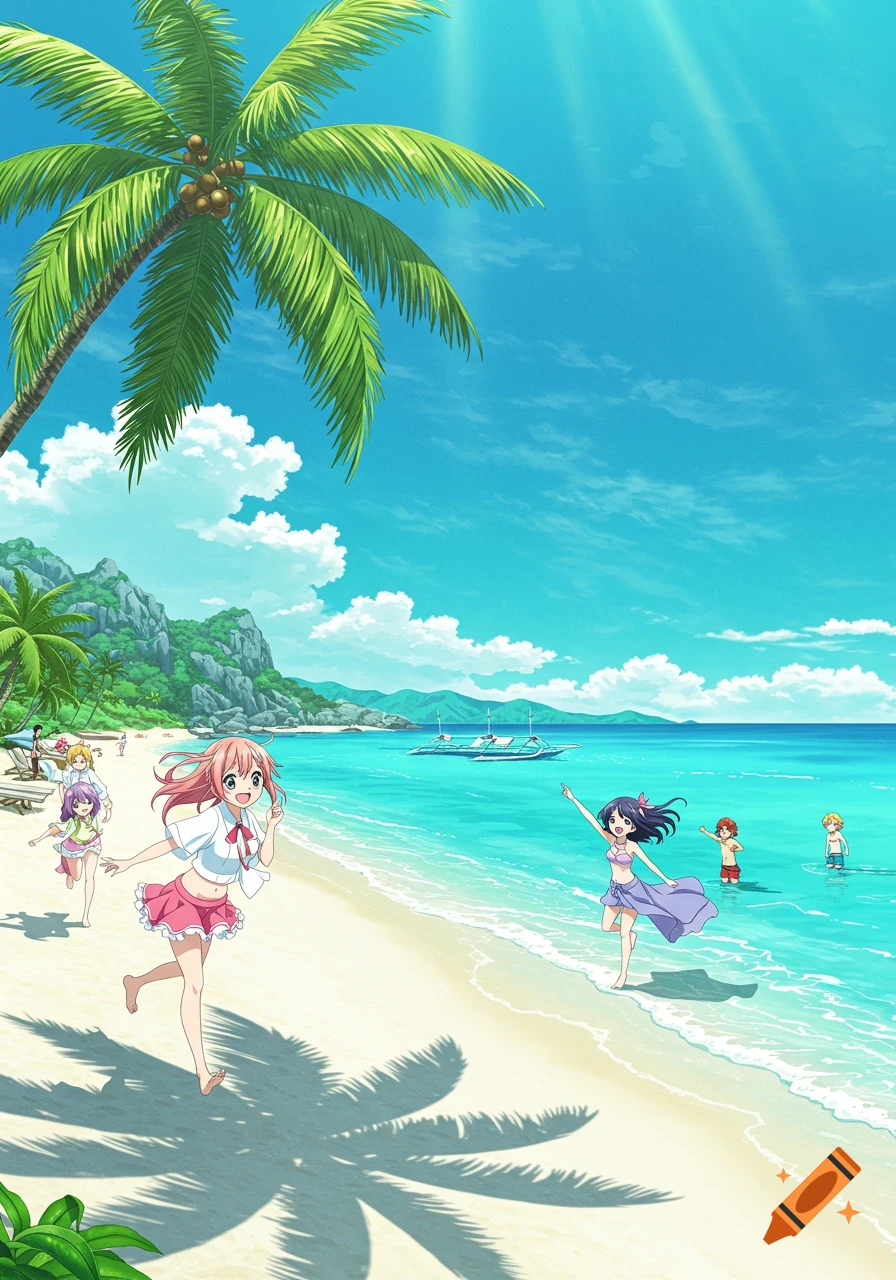 Anime characters enjoying a sunny day on a tropical beach with clear blue water and palm trees.
