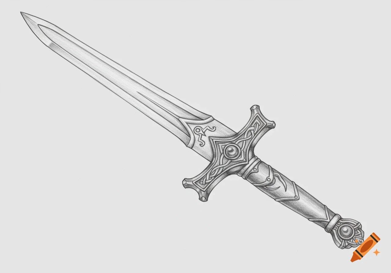 A detailed pencil sketch of a fantasy sword with an ornate hilt.