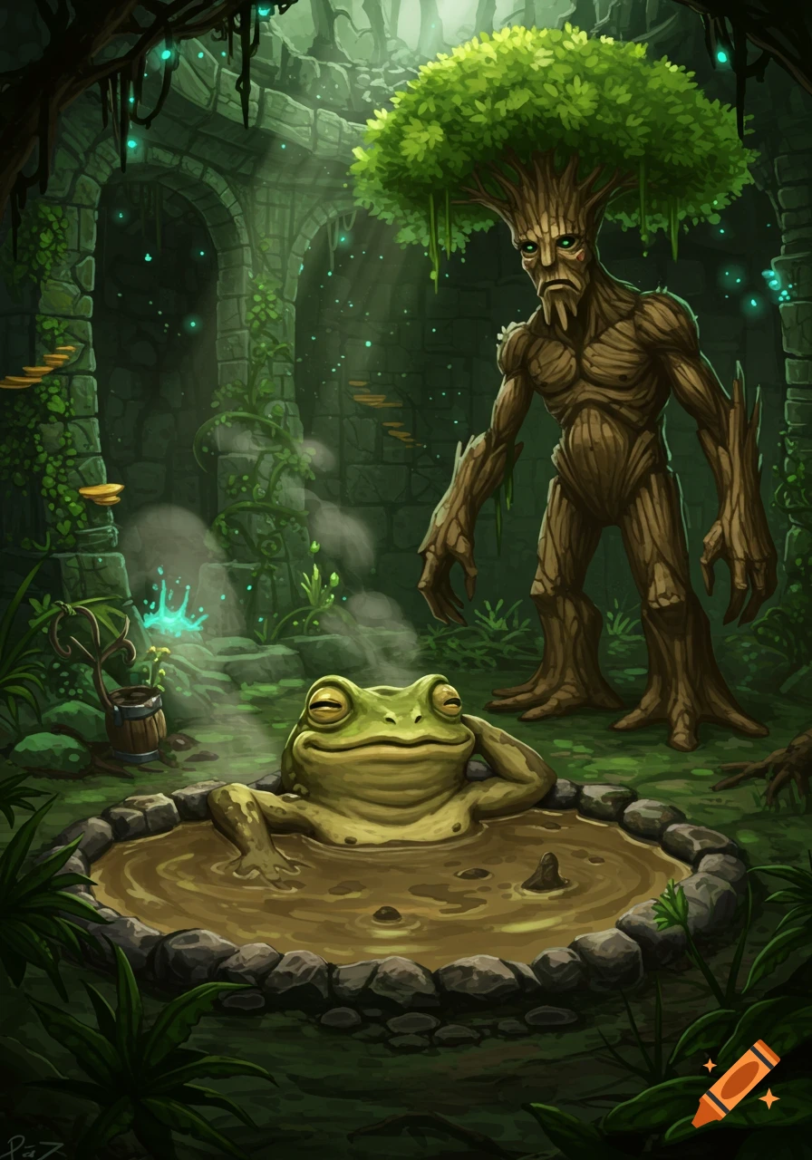 A content frog relaxes in a mud bath, watched by a tree-like creature, within mystical, overgrown dungeon ruins. Detailed fantasy illustration.