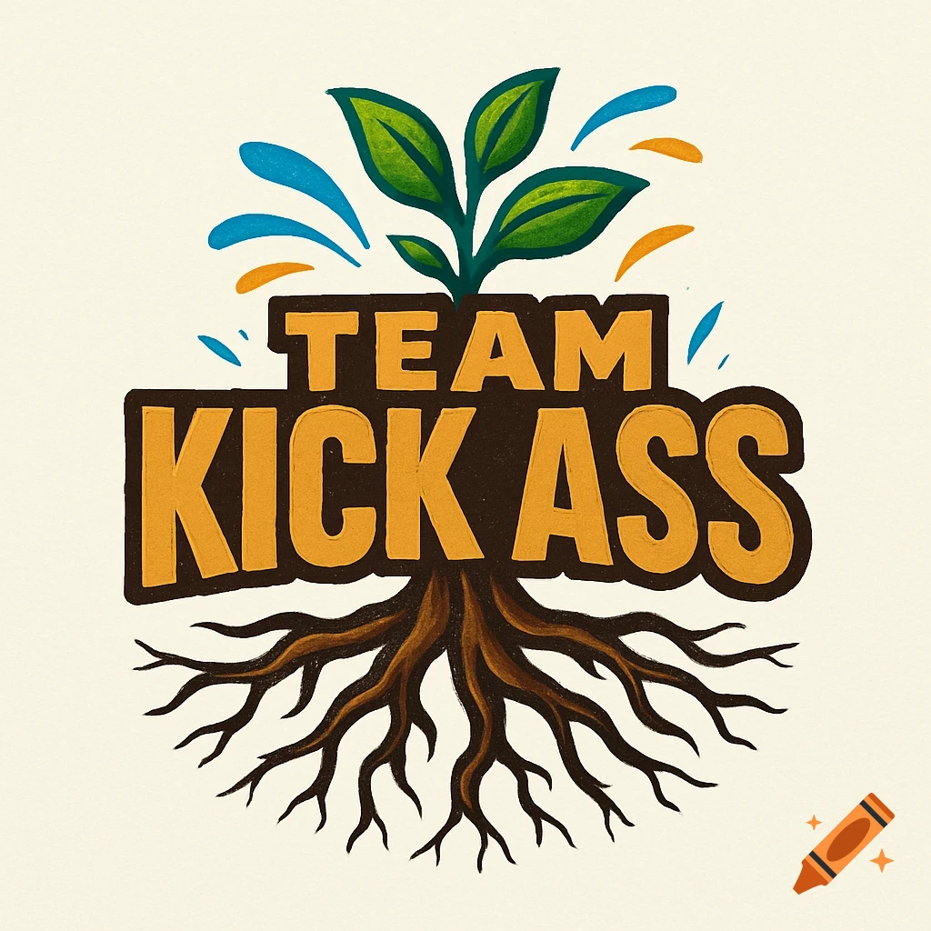 A stylized logo featuring green leaves and brown roots, with the text 'TEAM KICK ASS' in bold orange letters.